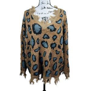 Simply Couture Women Brown/ blue Pullover Sweater deep v neckline wool Blend XL